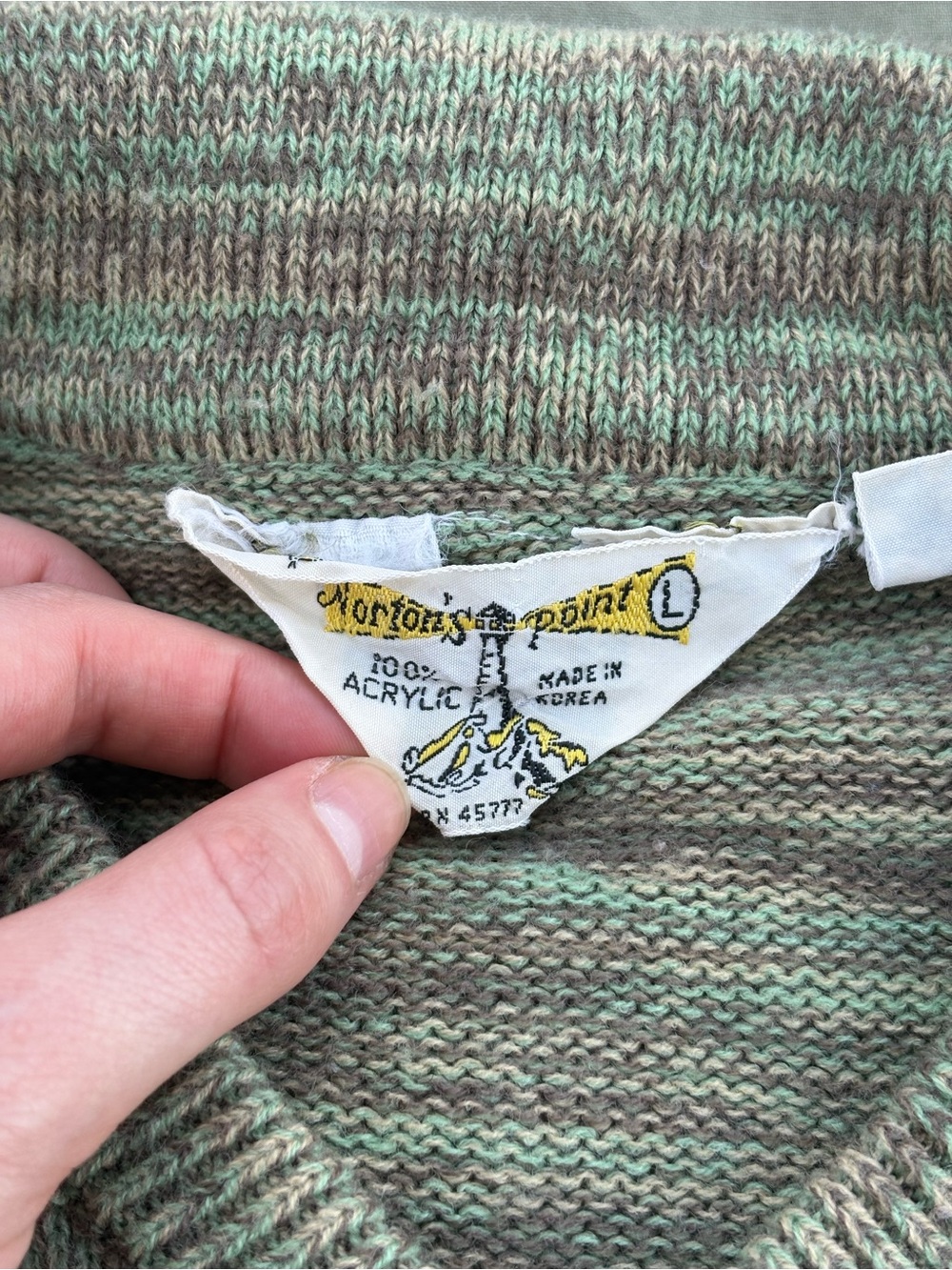 70s Vintage Norton’s Point sweater in green and gray.